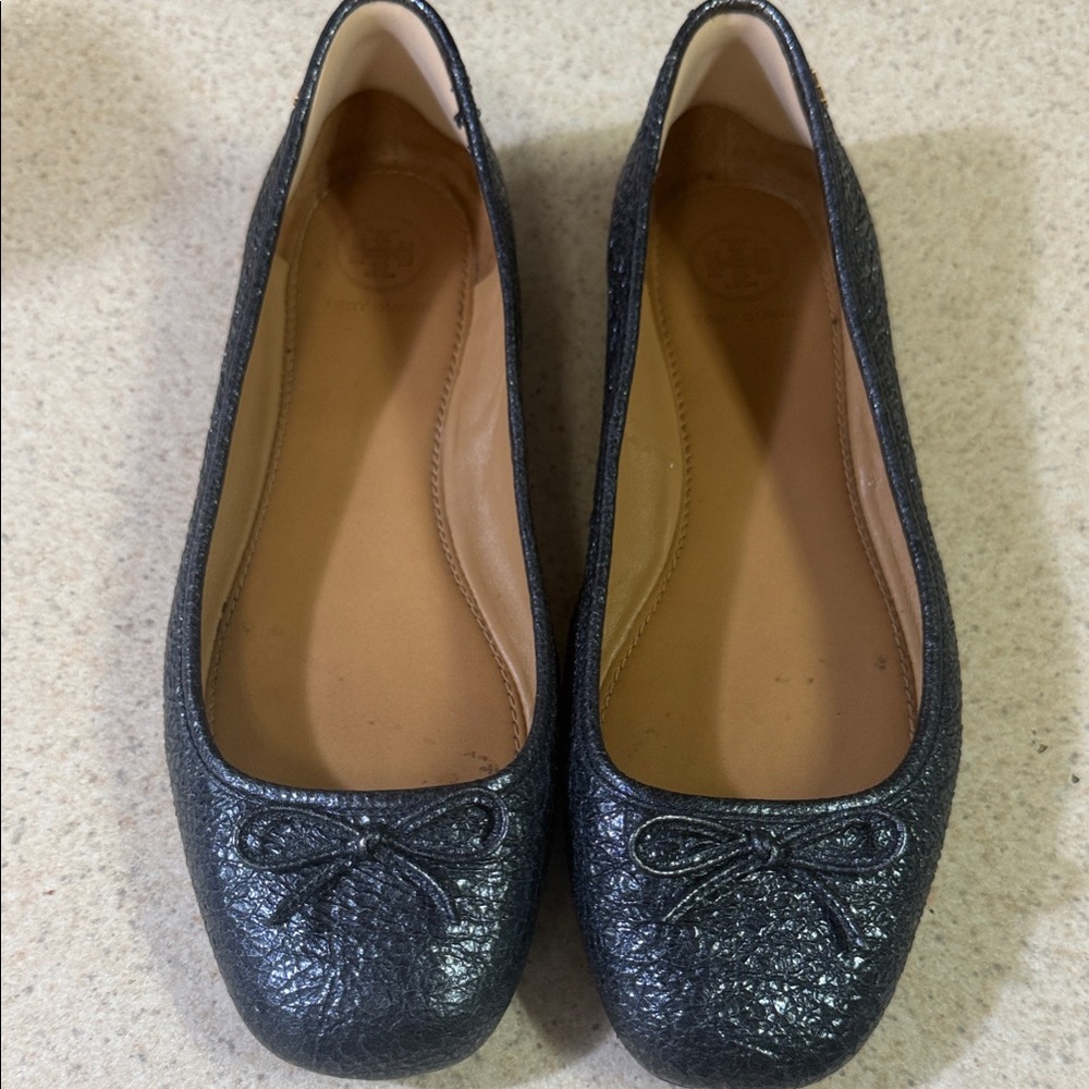 Tory Burch Black Textured Flats with Bow